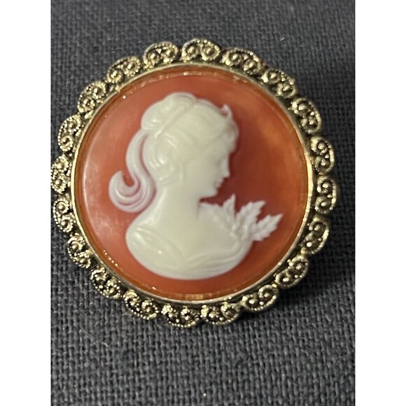Vintage Cameo Costume Jewelry Scarf Clip Ivory Orange Goldtone W. Germany - Picture 4 of 16